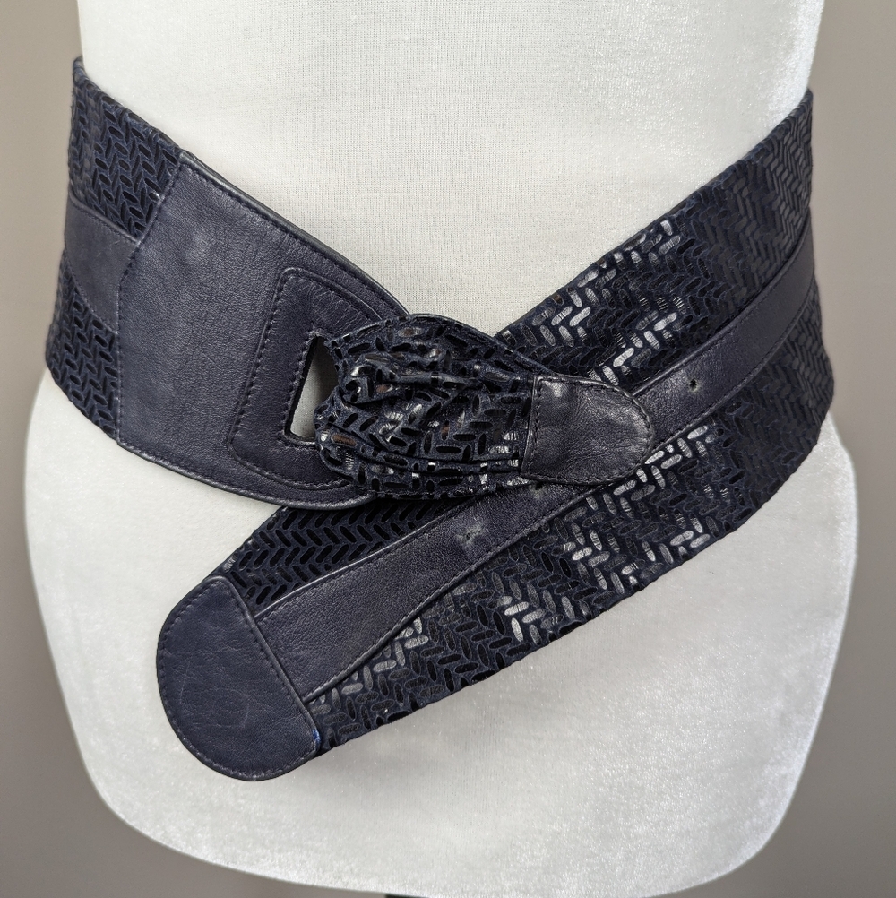 Vintage Jaeger Italy Navy Blue Leather Belt | Wide Textured Statement Waist Belt
